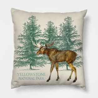 Yellowstone National Park Montana Moose Trees Silhouette Vintage-Look Pillow