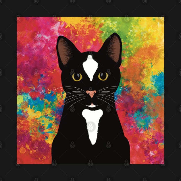 The cute and alert black and white tuxedo cat is waiting and watching you , colorful  background by marina63