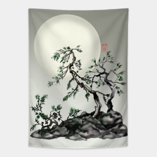 SumiE ink and watercolor chinese fir trees under a full moon Tapestry