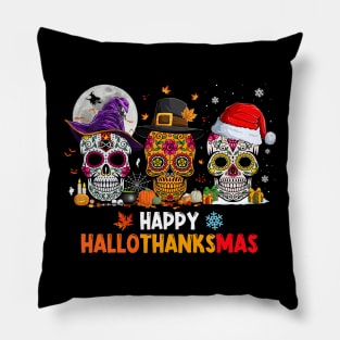 Sugar Skull Happy Hallothanksmas Halloween Thanksgiving Christmas Pillow