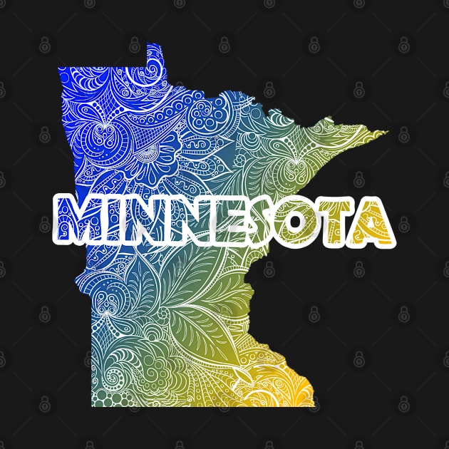 Colorful mandala art map of Minnesota with text in blue and yellow by Happy Citizen