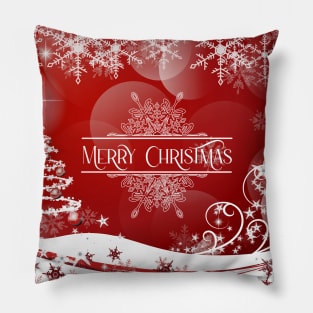 Pretty Xmas Tree and Snowflakes and Merry Christmas Greeting - on Red Pillow