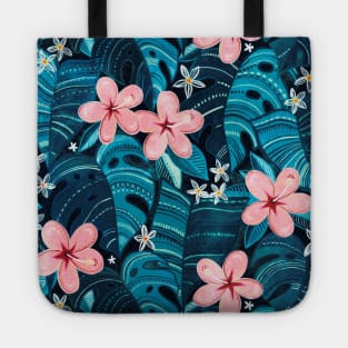 Moody Tropical Pattern in Cyan and Sapphire with Pink Tote