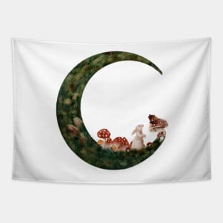 Spring Moon Cottagecore water color Mushrooms Forest White Rabbit and Baby Mouse Tapestry