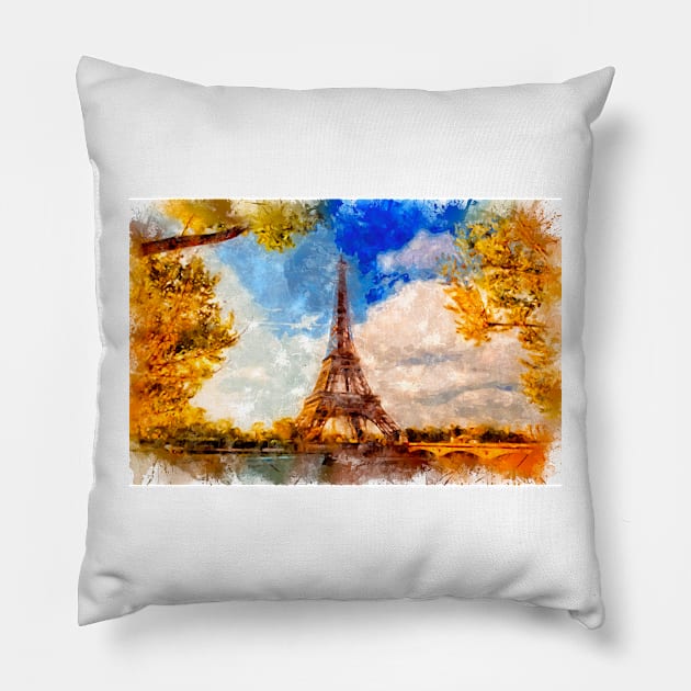 Autumn in Paris / I Love France / Watercolor Great Souvenir Pillow by Naumovski