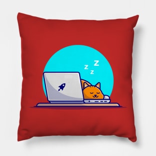 Cute Cat Sleeping On Laptop With Coffee Cup Cartoon Vector Icon Illustration Pillow