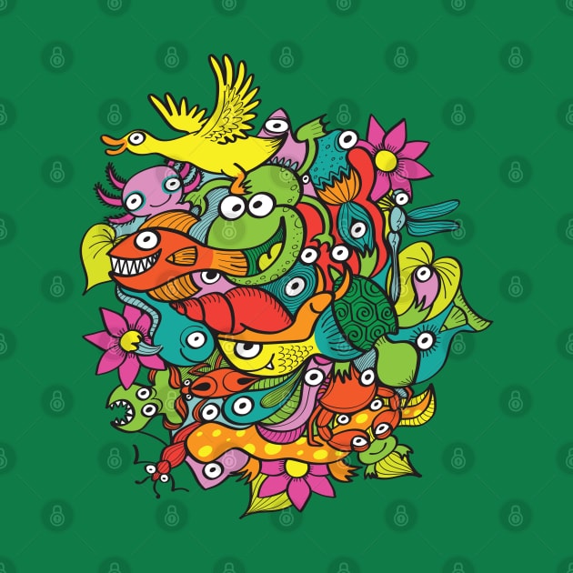 A funny crowd of colorful creatures living in a pond by zooco