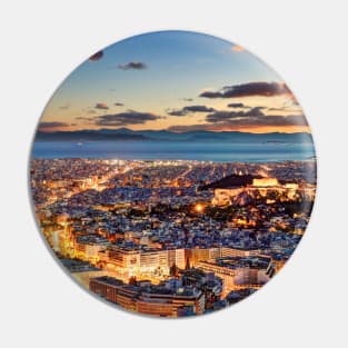 Athens after sunset with a view of the Parthenon on the Acropolis, the Parliament and the Saronic islands in Greece Pin