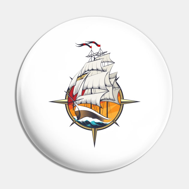 Sailing Ship Inside Wind Rose Pin by devaleta