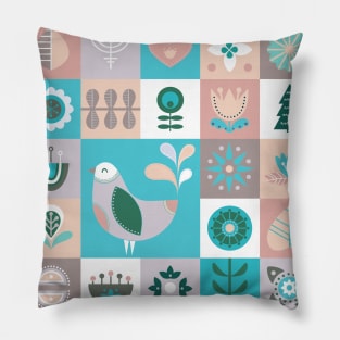 Scandinavian Soft Muted Midcentury Modern Birds And Flowers Pillow