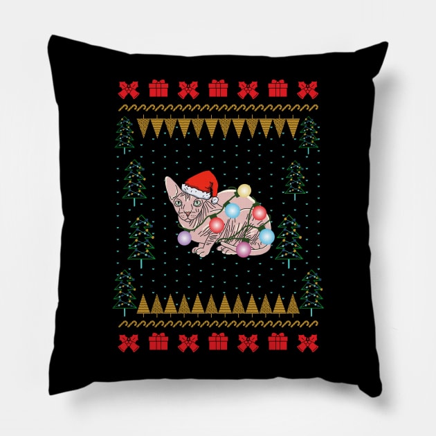 Sphynx Cat Ugly Christmas Sweater Pillow by okpinsArtDesign