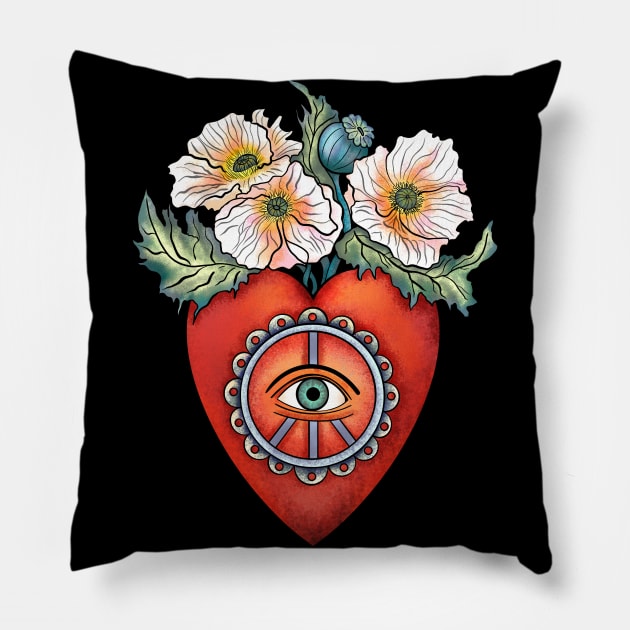 Tattoo style poppy, heart and eye. Pillow by Sitenkova