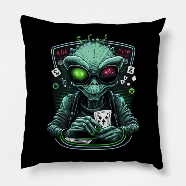 Funny Aliens Digital Artwork - Birthday Gift Ideas For Poker Player Pillow by Pezzolano