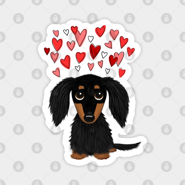 Cute Dog | Black and Tan Longhaired Dachshund with Hearts Magnet by Coffee Squirrel