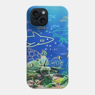 under the sea,blue sea,sea creatures,Turtle, puffer fish, starfish, shrimp, shark, tropical fish, sea horse, seaweed, sardines, squid, crabs, clams Phone Case