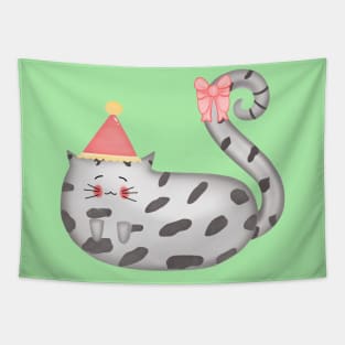 Cute little fat cat wearing pink hat Tapestry