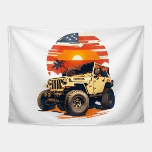 Vintage Summer 4th of July Jeep Beach Sunset Independence Day Tapestry