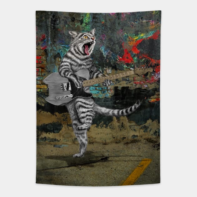 Buskers - Electric Guitar Alley Cat Tapestry by Dual Rogue