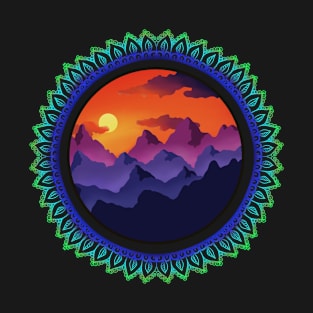 Sunset over mountains with blue-green zentangle T-Shirt