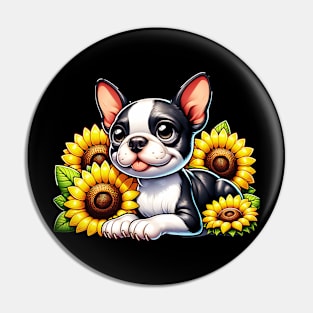 Boston Terrier And Sunflowers Pin