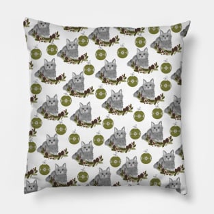 Grey Cat Pattern with Green Ornaments in White Background Pillow