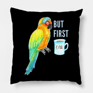 But First Tea -  Sleepy Sun Conure Parrot Watercolor Pillow