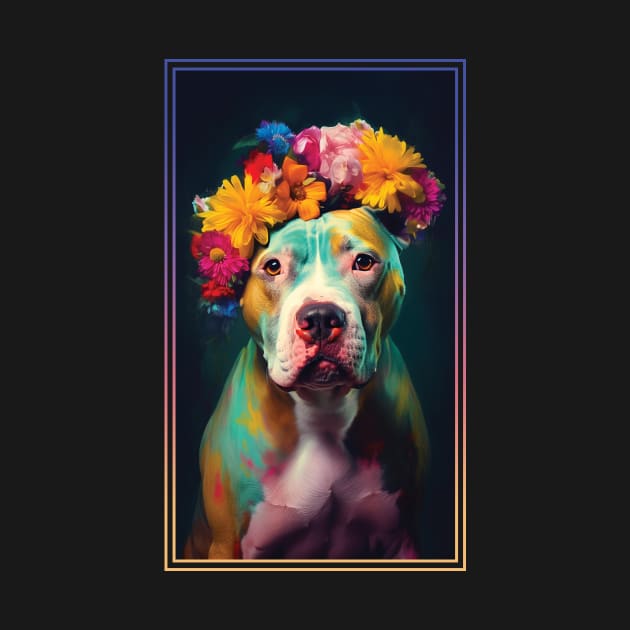 American Staffordshire Terrier Pitbull Vibrant Tropical Flower Tall Digital Oil Painting Portrait  10 by ArtHouseFlunky