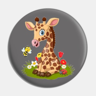 Cartoon little giraffe with bee in the grass Pin