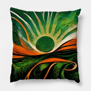 Bold, dramatic image of a green sun with rays extending out as it shines Pillow
