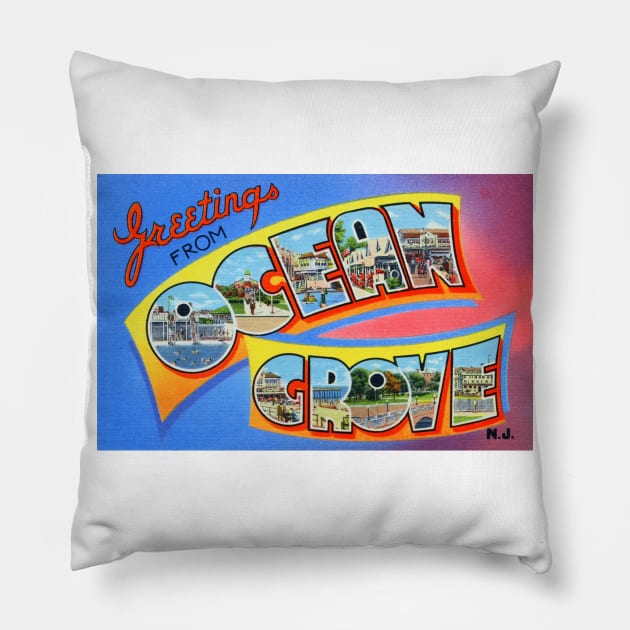 Greetings from Ocean Grove New Jersey - Vintage Large Letter Postcard Pillow by Naves