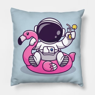 Cute Astronaut On Flamingo Swimming Tires And Orange Juice Cartoon Pillow