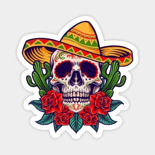 Day of the Dead Skull with Sombrero, Roses and Cactus Magnet