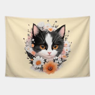 Tuxedo Cat's Blooming Beauty: Vintage Floral Delight Tapestry