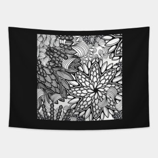 Floral Mandala Explosion -  Black and White Zentangle - Digitally Illustrated Flower Pattern for Home Decor, Clothing Fabric, Curtains, Bedding, Pillows, Upholstery, Phone Cases and Stationary Tapestry