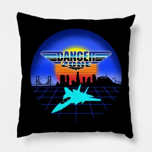 Danger Zone 80s Retro Neon Top Gun Maverick Logo Parody Rooster Sunset Skyline Pillow