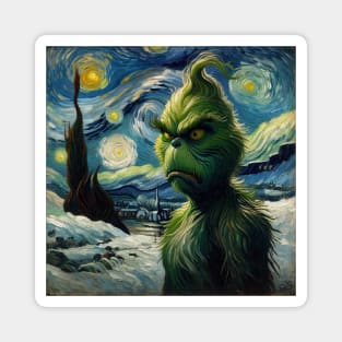 Whimsical Night: Mischievous Green Character - Starry Night Inspired Holiday Art Magnet