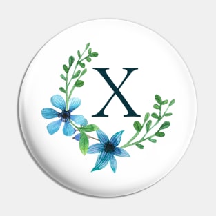 Floral Monogram X Pretty Blue Flowers Pin