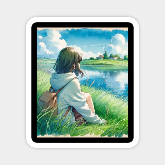 Sad Japanese Girl Stting on Lake Side - Anime Drawing Magnet by AnimeVision