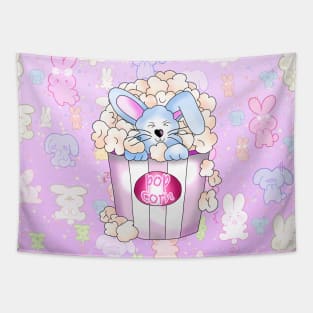 cute blue bunny rabbit in a pot of popcorn on a pink background Tapestry