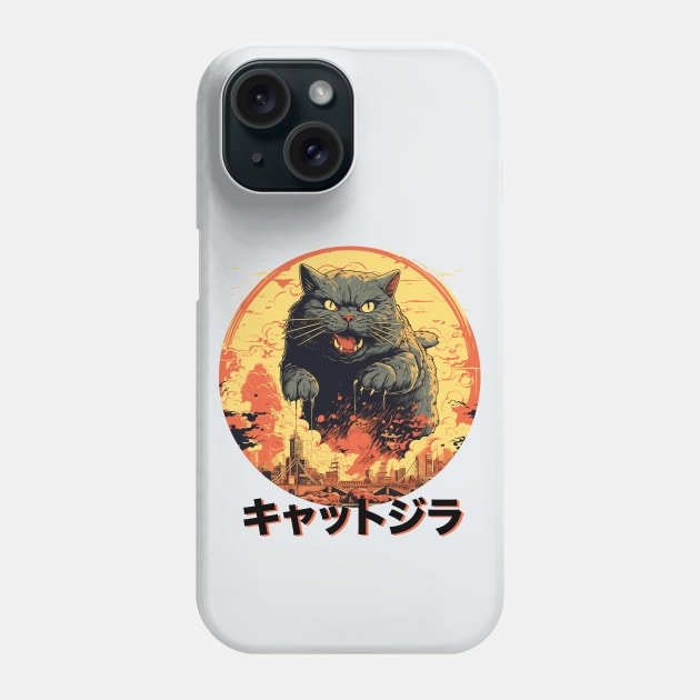 Catzilla Vintage Funny Cat Art Japanese Sunset Phone Case by Happy Lime