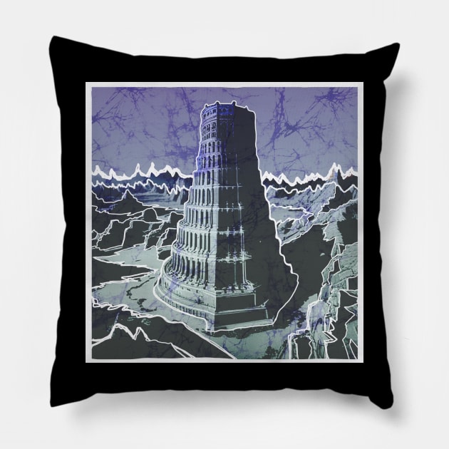 Tower of Babel batik style landscape Pillow by Aurora X