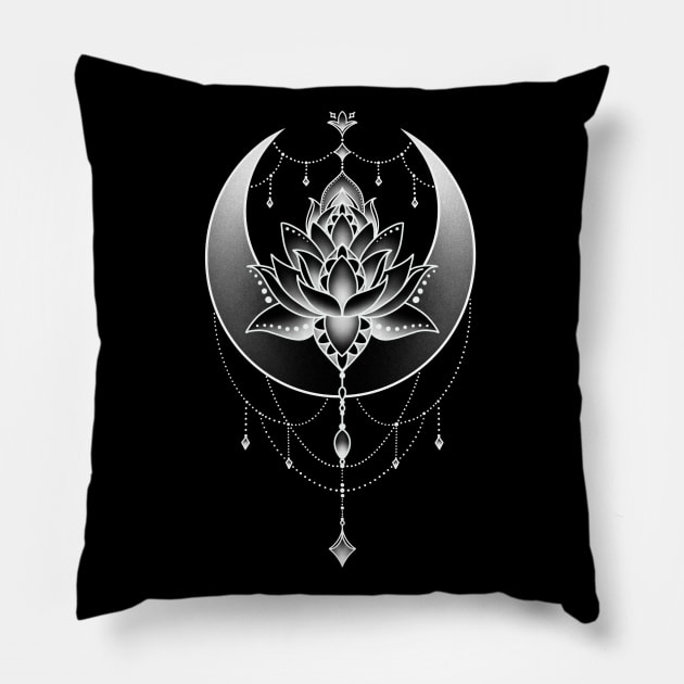 Celestial Crescent Moon and Lotus Flower Design Pillow by Helena Morpho 