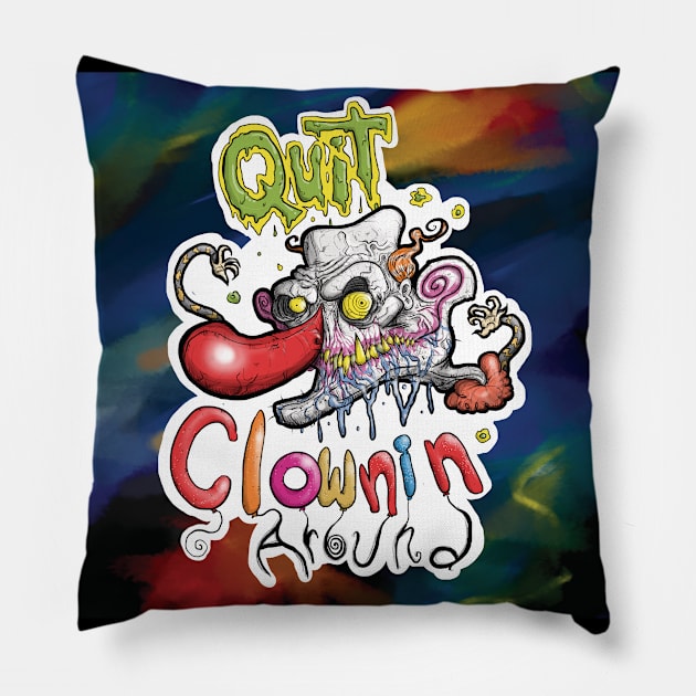 Happy Halloween Clown says Quit Clowning Around Pillow by BryanDassArt1