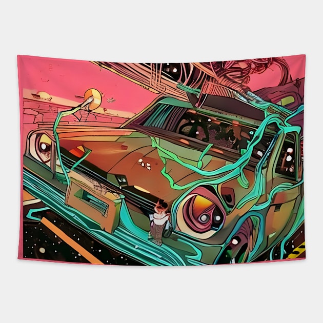 Cartoon 70s Car Heritage Tapestry by animegirlnft