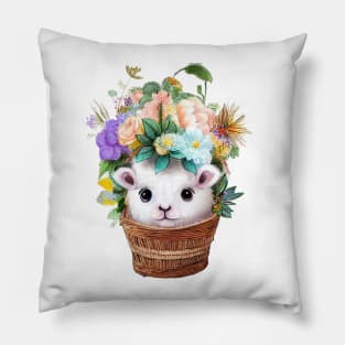 A cute baby alpaca in a flower basket Pillow