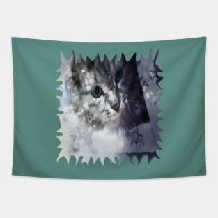 Green-eyed Kitty Peering Through the Cloudy Bush Tapestry