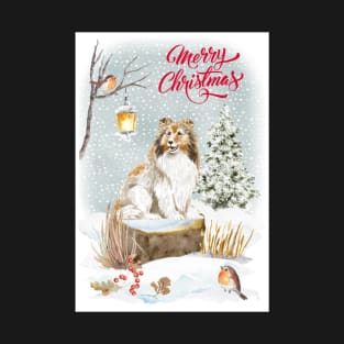 Sheltie Dog Merry Christmas Santa Dog Holiday Greeting T-Shirt