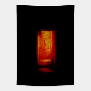 Digital collage, special processing. Room, corridor. Look from darkness to light. Orange and red. Tapestry