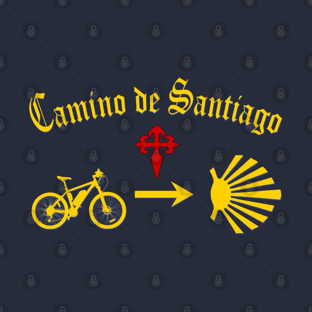 Camino de Santiago Typography Bicycle Yellow Arrow Scallop Shell Red Cross by Brasilia Catholic