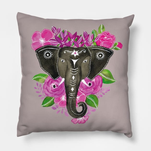 Grey Elephant - Flower art Pillow by Veda Murthy Art